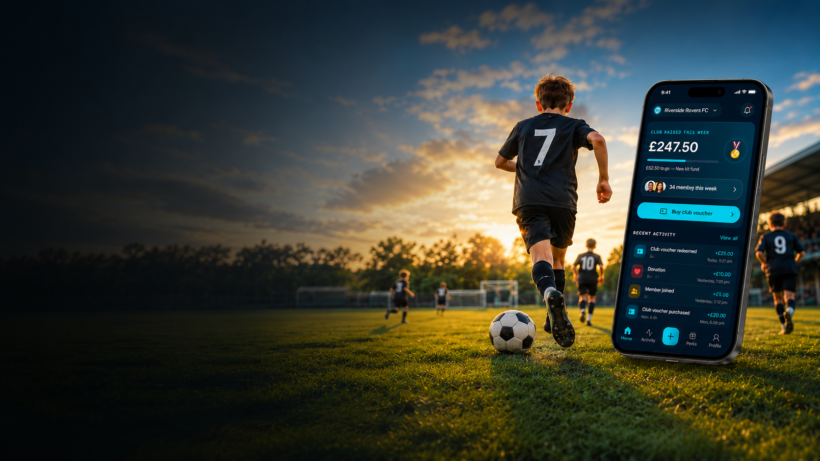 Youth football team running on a pitch at sunset with the Clann app shown on an iPhone