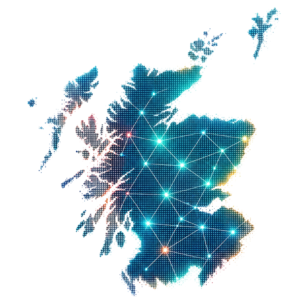 A dotted map of Scotland representing Clann's grassroots community network